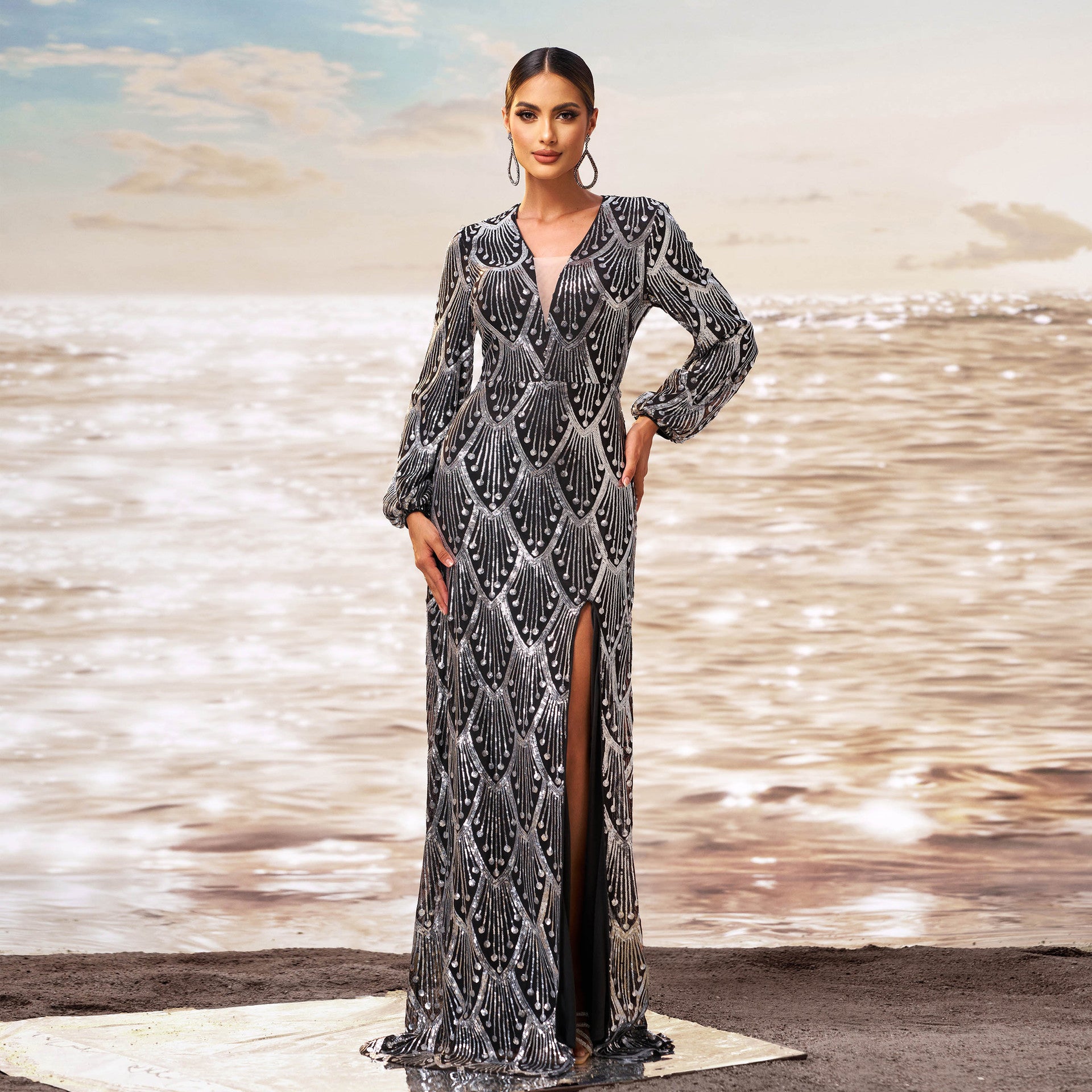 Luxury Long Sleeve V-Neck Formal Party Sequin Slim Slit Evening Dress Women Bridesmaid Gown 3