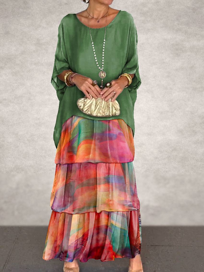 Women chiffon mesh Bat Sleeves Round Neck Long Dress 10