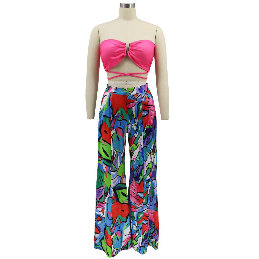 Women V-neck tube top and printed wide-leg trousers fashion casual women's suit two piece set 6