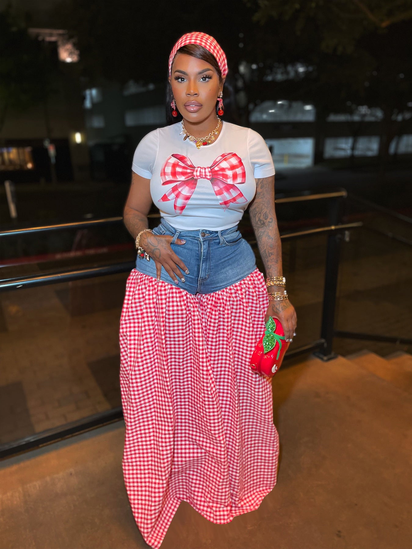 Women Patchwork Plaid Print T-shirt Casual Wide Leg Pants Two-piece Set