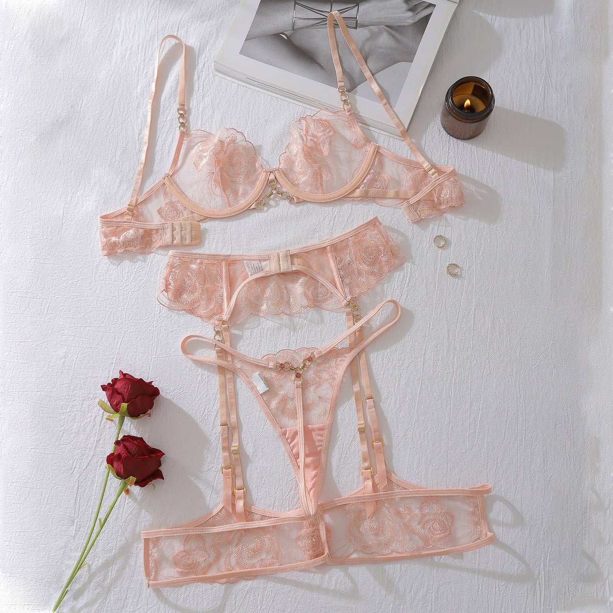 Floral Embroidered Corset Two Piece Lingerie Set - BamBam