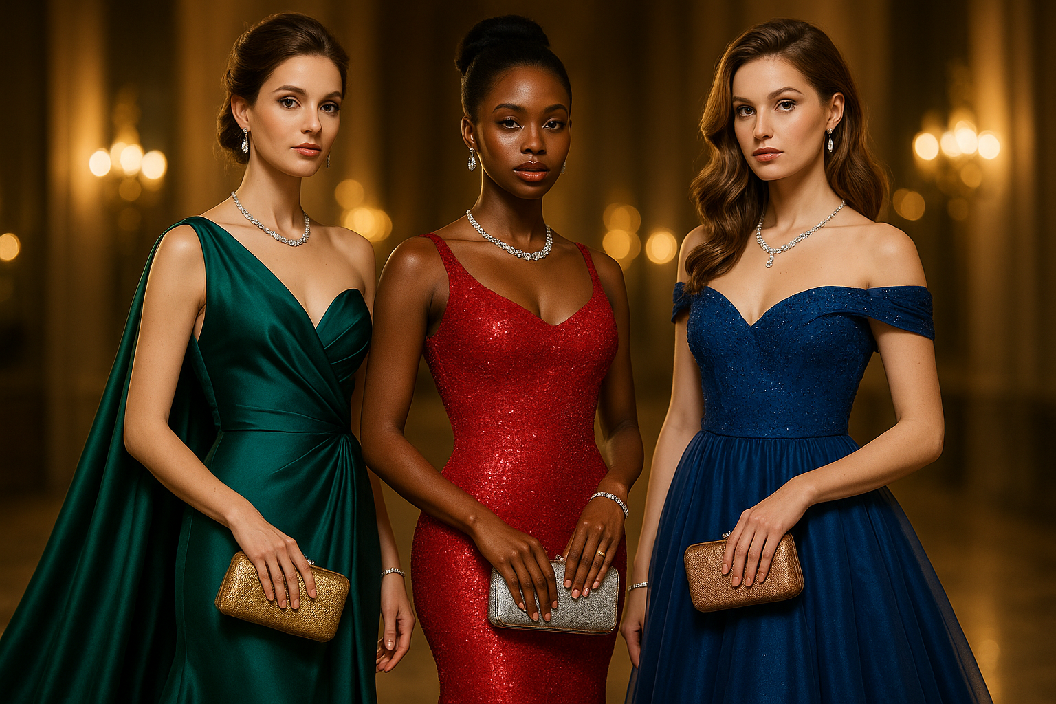 Give me a solid collection of beautiful ladies wearing colorful evening dinner dresses and gowns of different designs and styles. I need them really beautiful so potential customers can relate. 3 young ladies. 2 white ladies and black. mix and match. make it amazing. I need it as the headline image for my evening dresses category on my website. they can wear pretty necklaces, carry colorful bags and have shiny accessories
