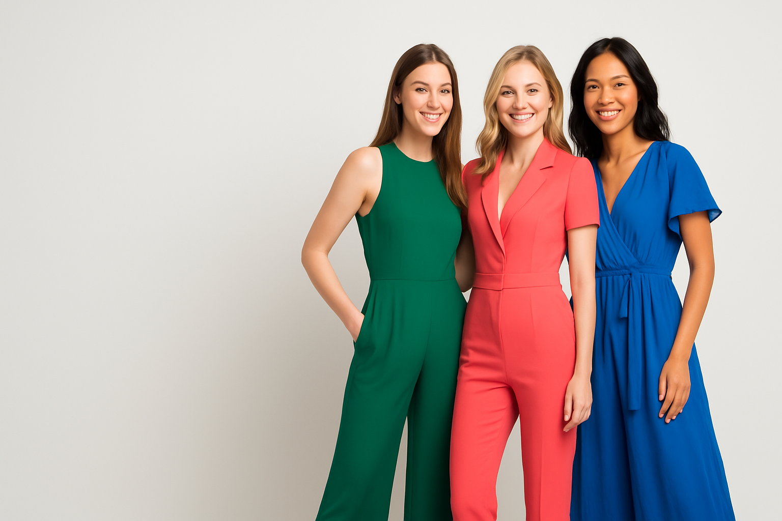 Give me a solid collection of beautiful ladies wearing colorful jumpsuits of different design and style. I need them really beautiful so potential customers can relate. 3 young ladies. 2 white ladies and 1 asian or black. mix and match. make it amazing. I need it as the headline image for my jumpsuit category on my website. justify the image to the right, i have black test on the left of the screen and i dont want an overlap