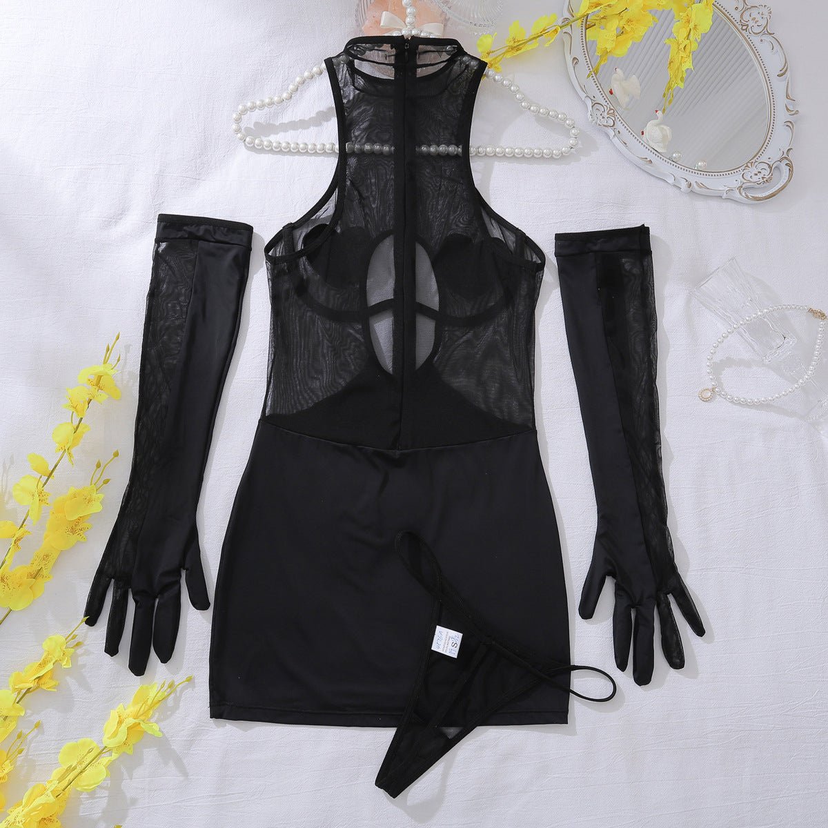 Heart Print Mesh Halter Neck Bodysuit High Neck Lingerie Set - BamBam