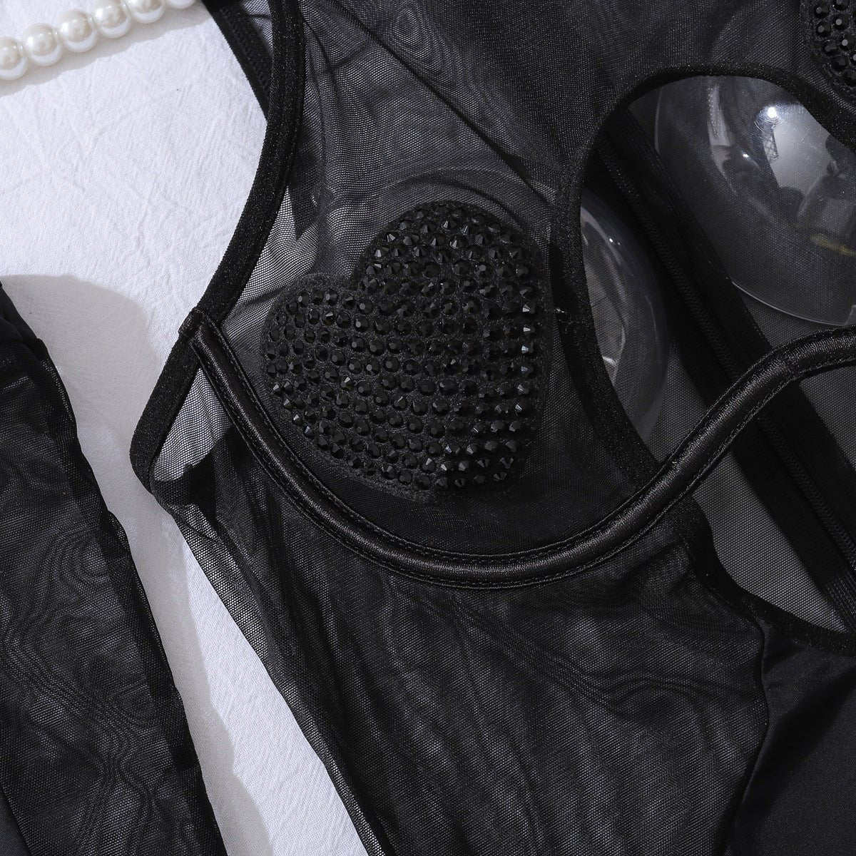 Heart Print Mesh Halter Neck Bodysuit High Neck Lingerie Set - BamBam