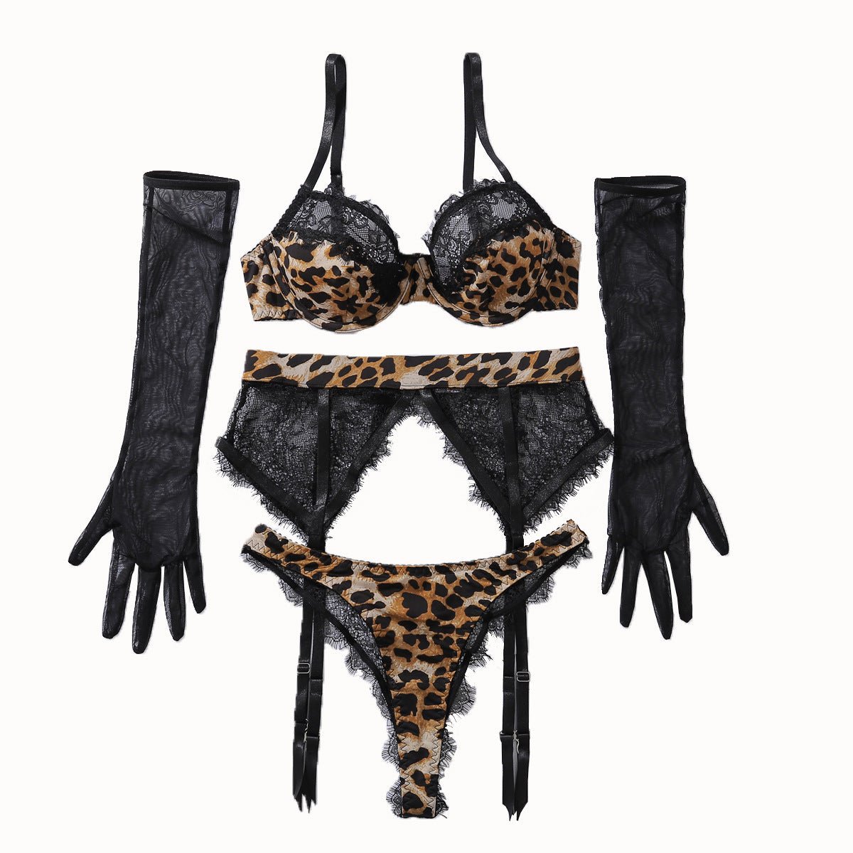 Leopard Print Sheer Glove Lingerie Set - BamBam