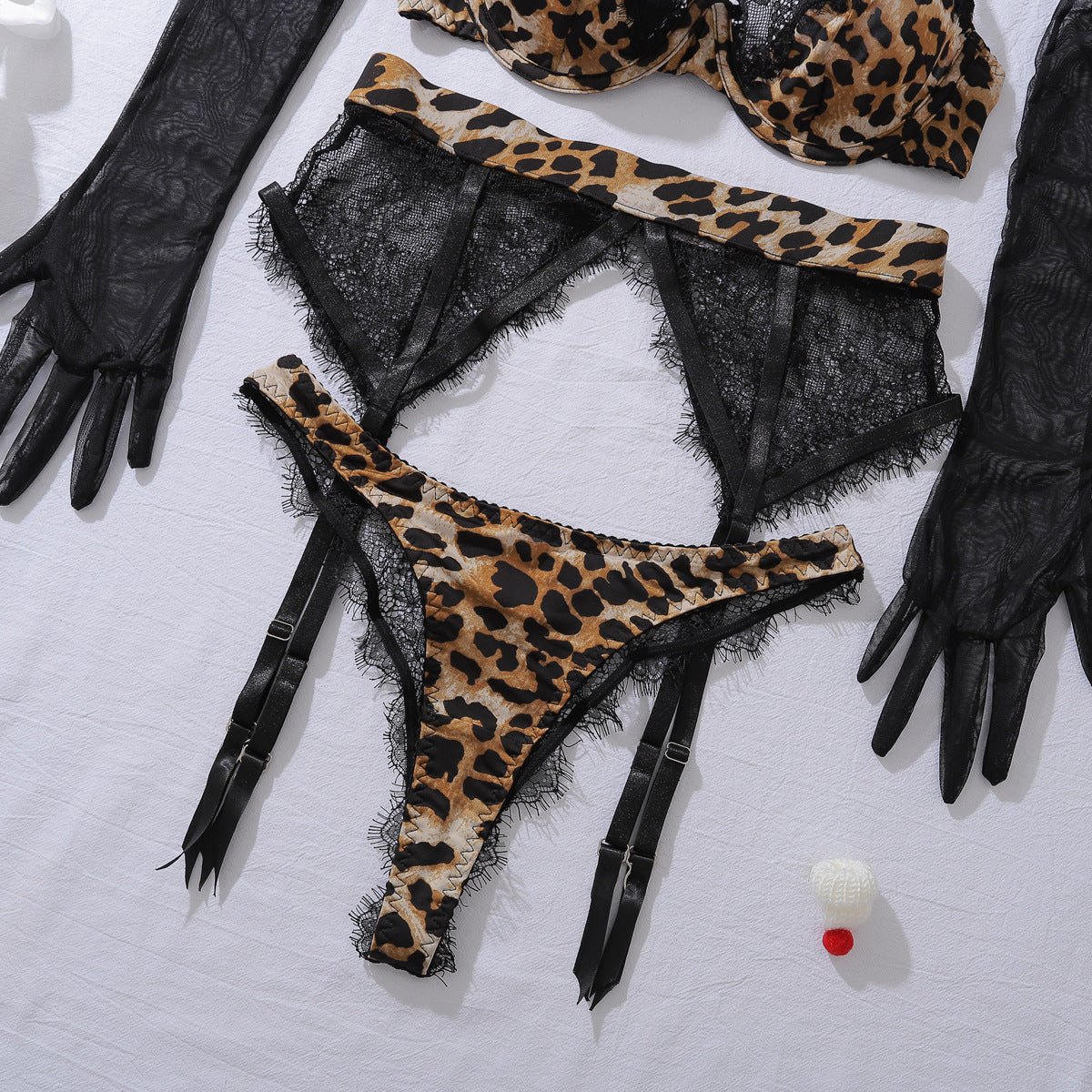 Leopard Print Sheer Glove Lingerie Set - BamBam