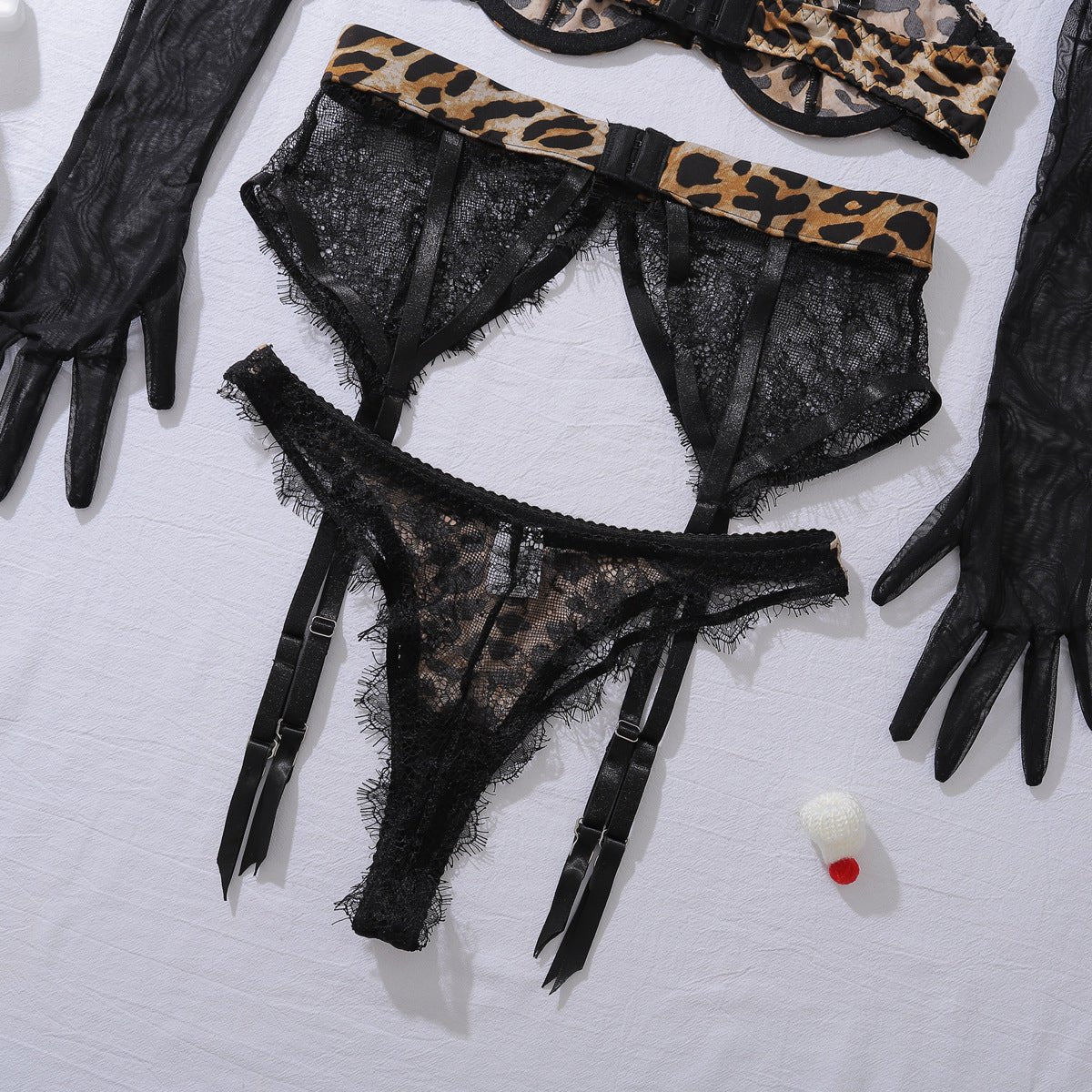 Leopard Print Sheer Glove Lingerie Set - BamBam