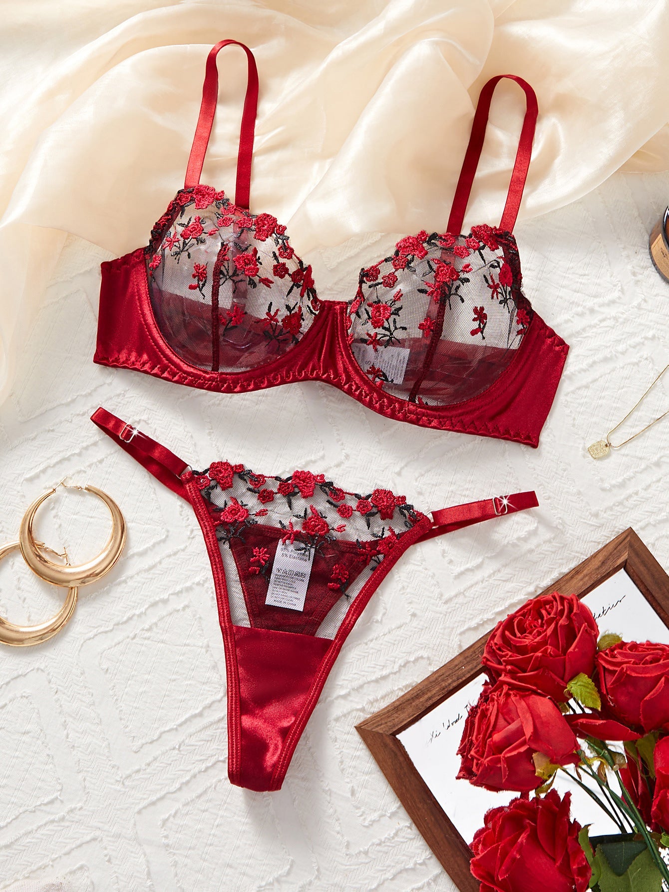 Lingerie Mesh Red Velvet Rose Embroidered Underwire Push - Up Bra Panties Set Women - BamBam