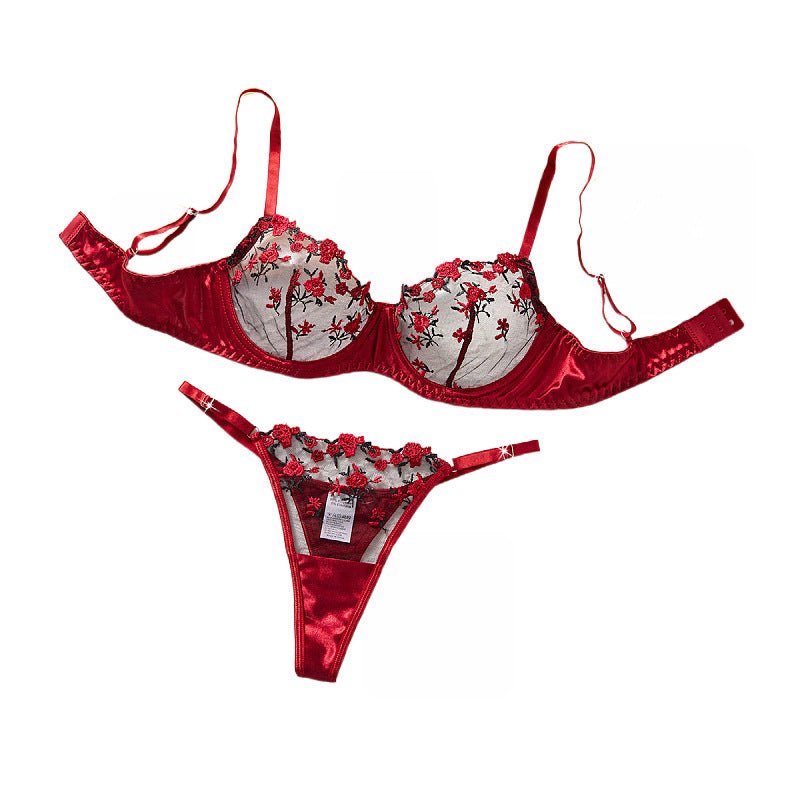 Lingerie Mesh Red Velvet Rose Embroidered Underwire Push - Up Bra Panties Set Women - BamBam