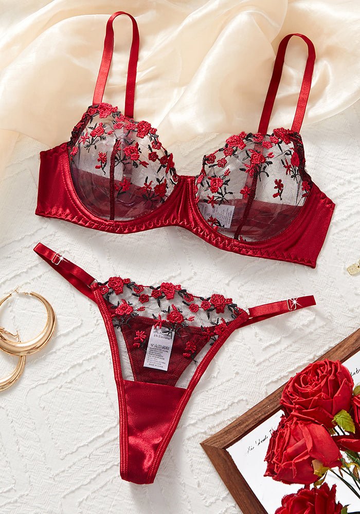 Lingerie Mesh Red Velvet Rose Embroidered Underwire Push - Up Bra Panties Set Women - BamBam