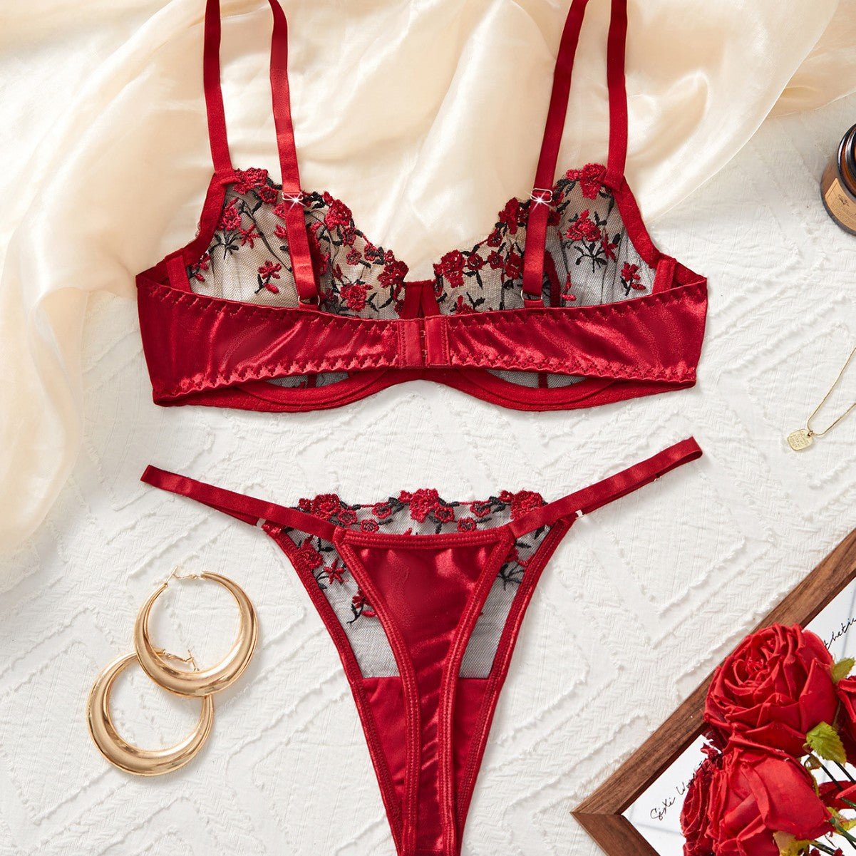 Lingerie Mesh Red Velvet Rose Embroidered Underwire Push - Up Bra Panties Set Women - BamBam