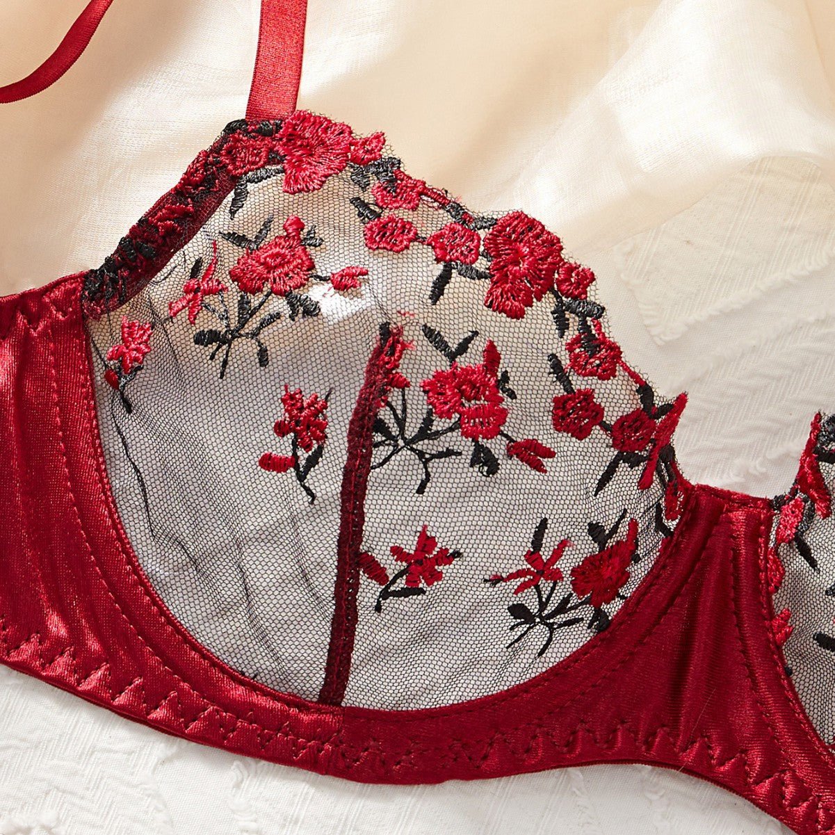 Lingerie Mesh Red Velvet Rose Embroidered Underwire Push - Up Bra Panties Set Women - BamBam