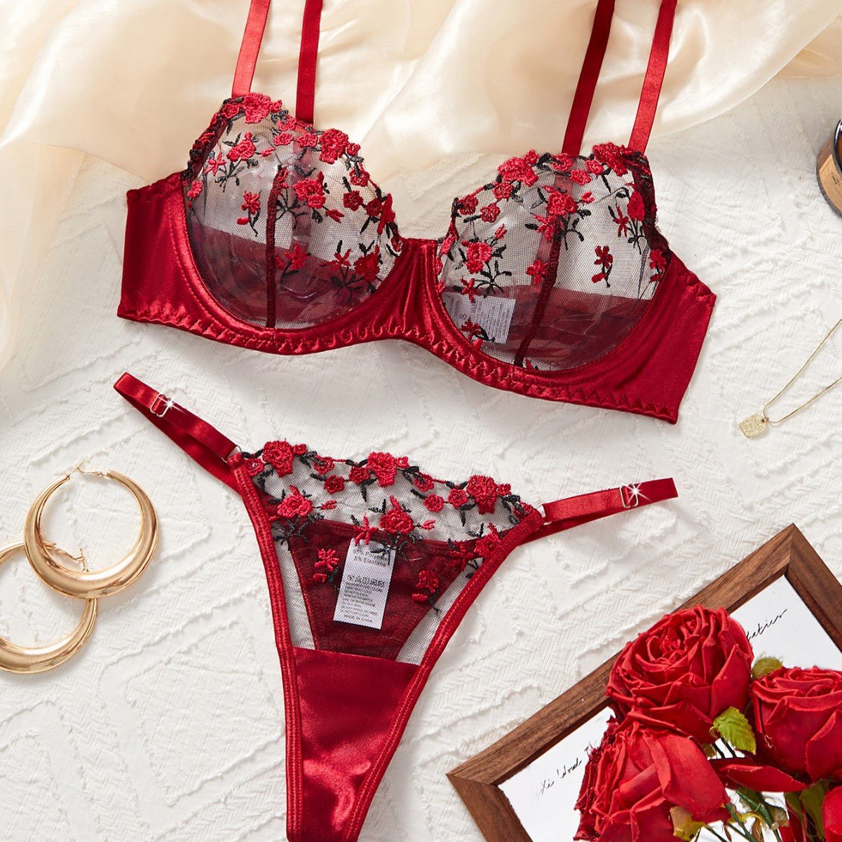 Lingerie Mesh Red Velvet Rose Embroidered Underwire Push - Up Bra Panties Set Women - BamBam