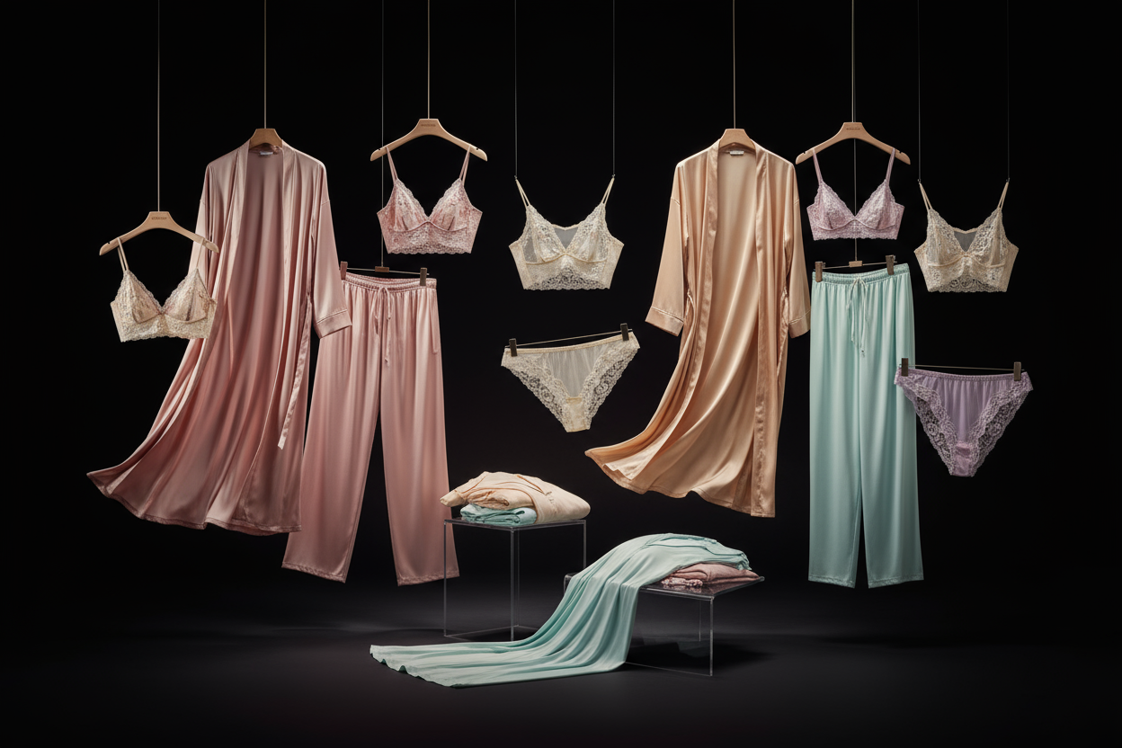 Lingerie, pjs and sleepwear section on a black background