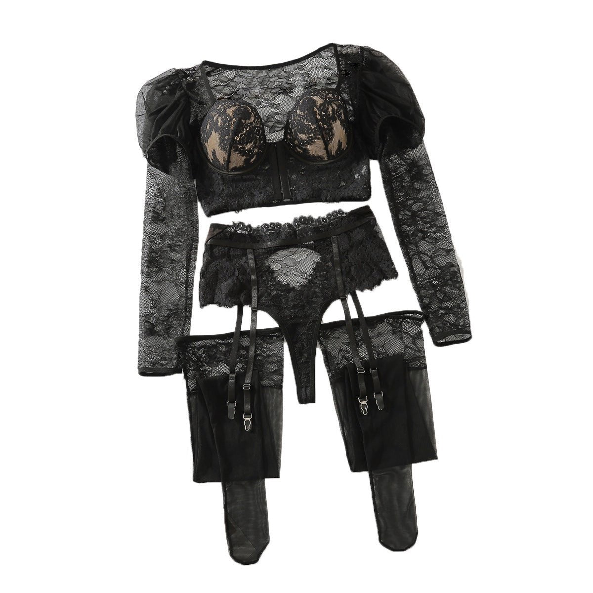 Long Sleeve Lace Teddy with Stockings Two Piece Lingerie - BamBam