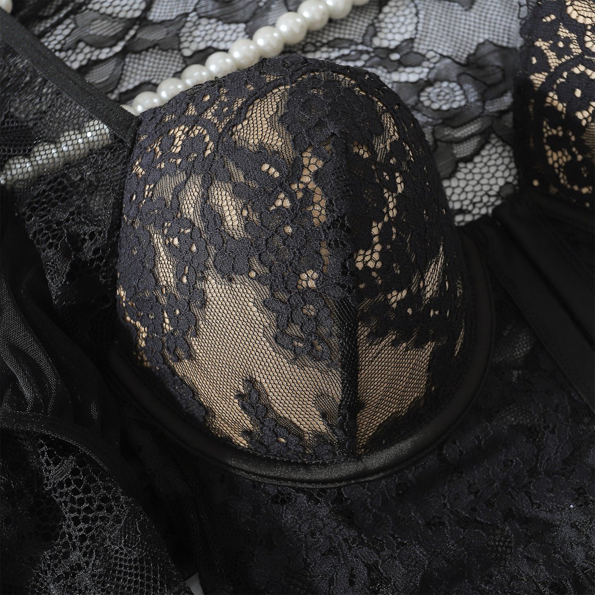 Long Sleeve Lace Teddy with Stockings Two Piece Lingerie - BamBam