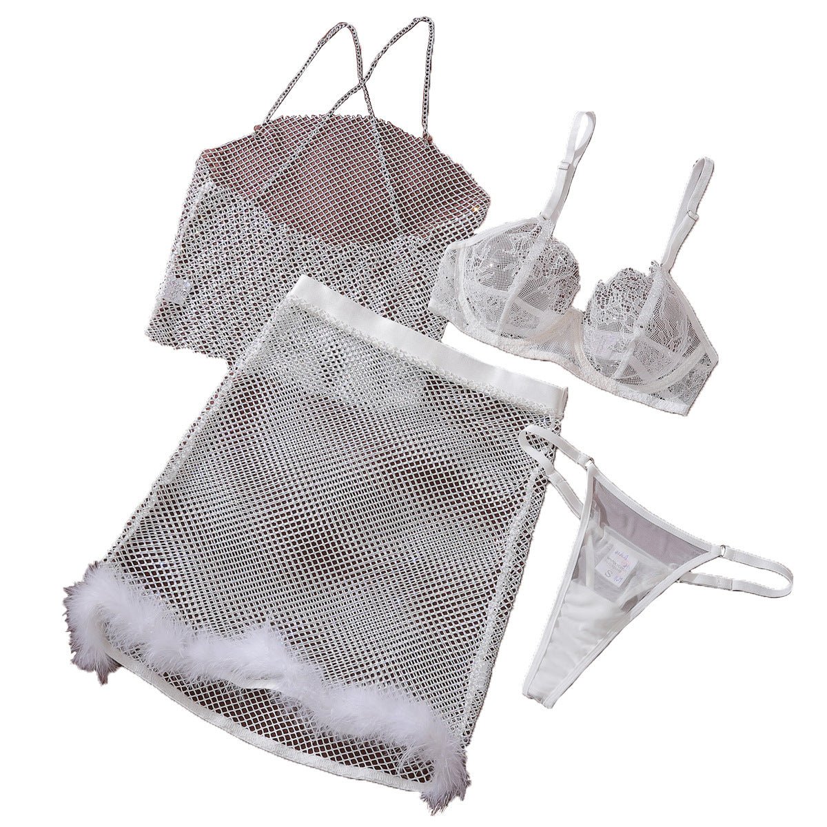 Mesh Patchwork Feather See - Through Shapewear Sexy Lingerie Four - Piece Set - BamBam