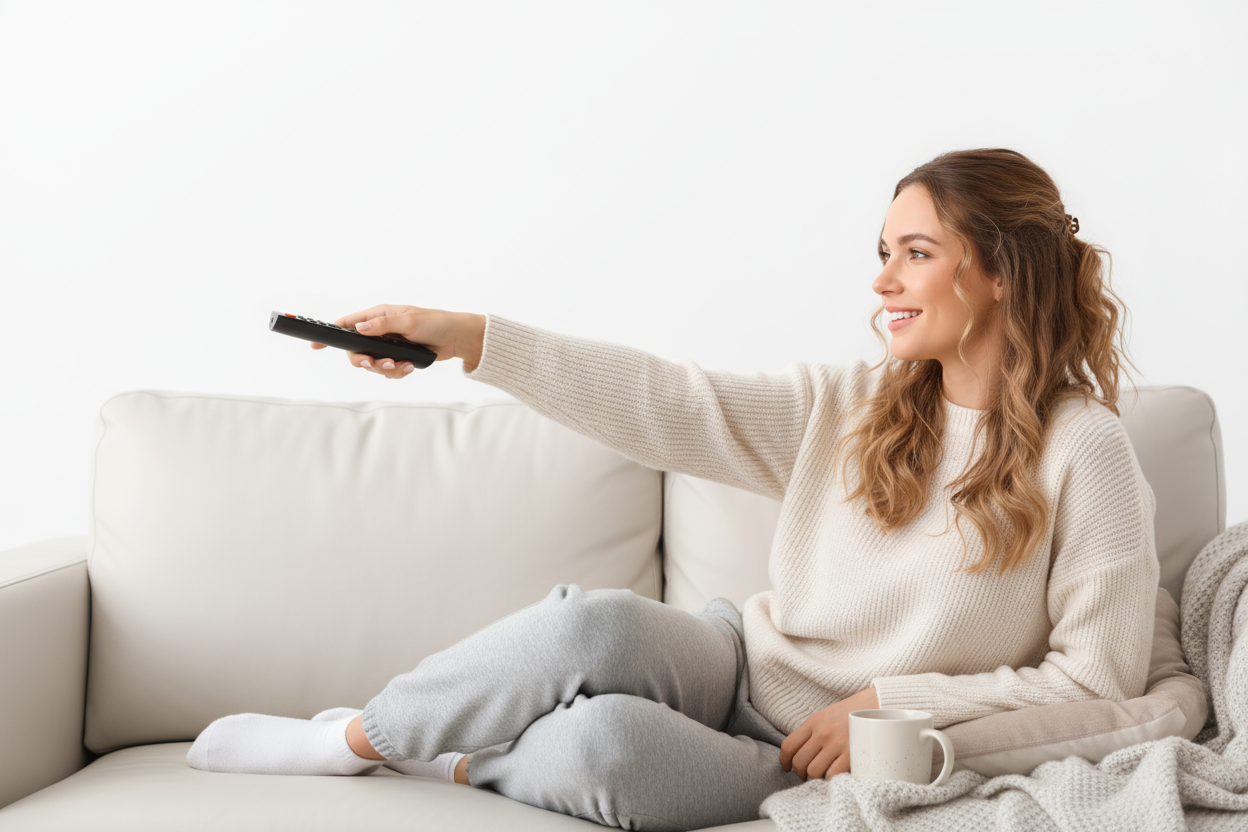 pretty lady relaxing and watching tv pointing the remote wearing a sweater jumper. white background. justify to right side