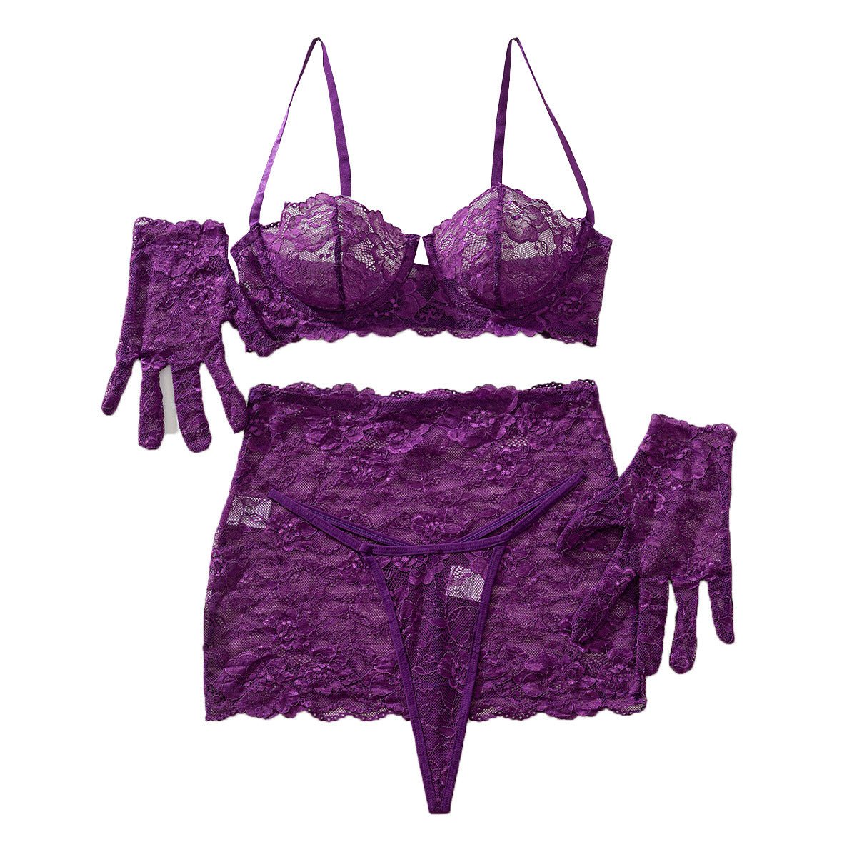 Purple Lace Corset Set with Gloves Sexy Two Piece Lingerie - BamBam
