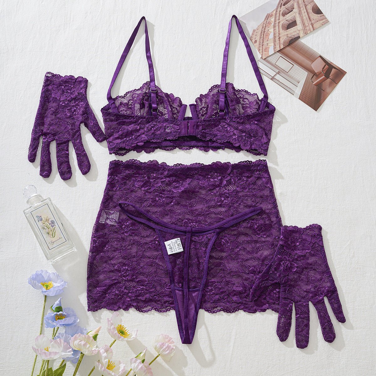 Purple Lace Corset Set with Gloves Sexy Two Piece Lingerie - BamBam