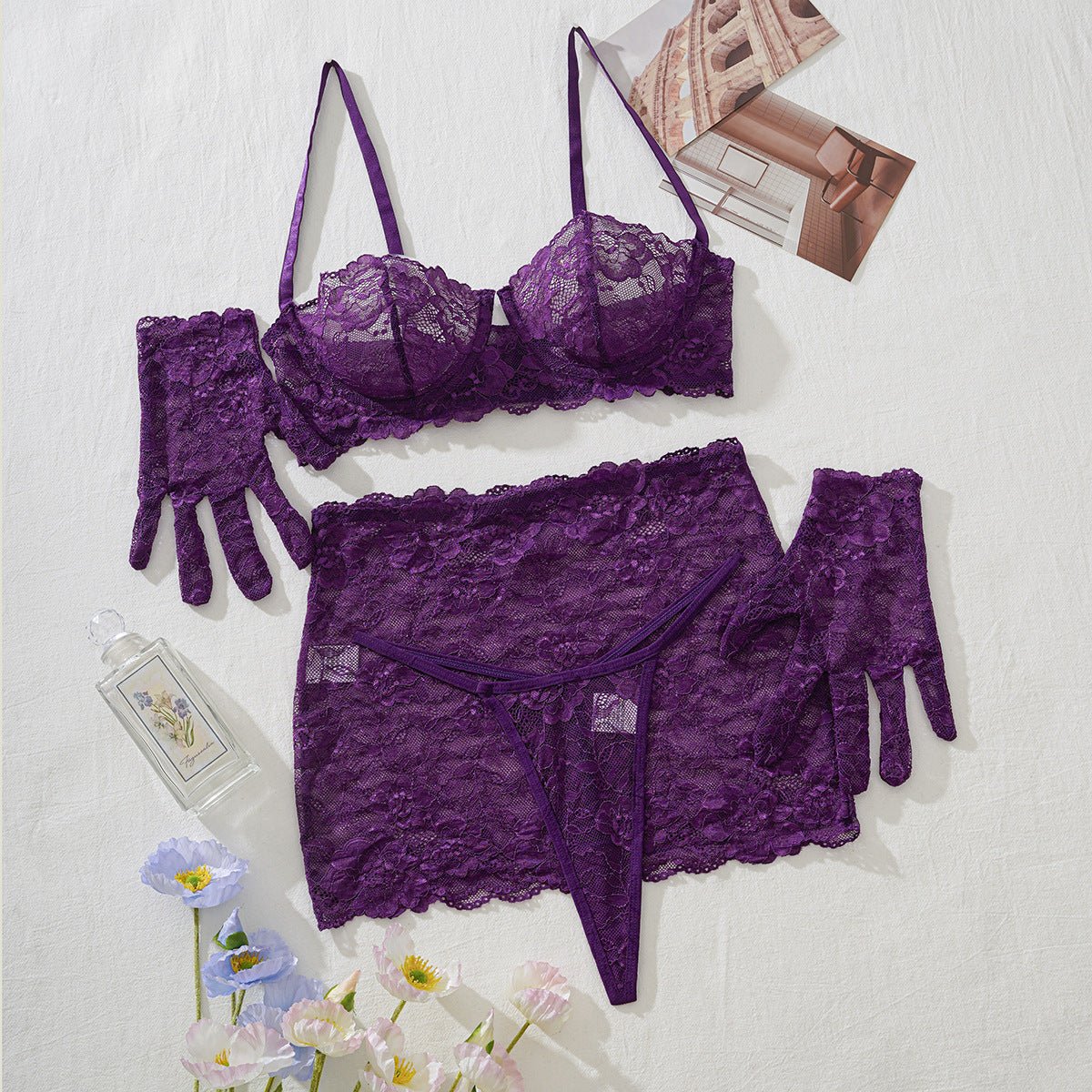 Purple Lace Corset Set with Gloves Sexy Two Piece Lingerie - BamBam