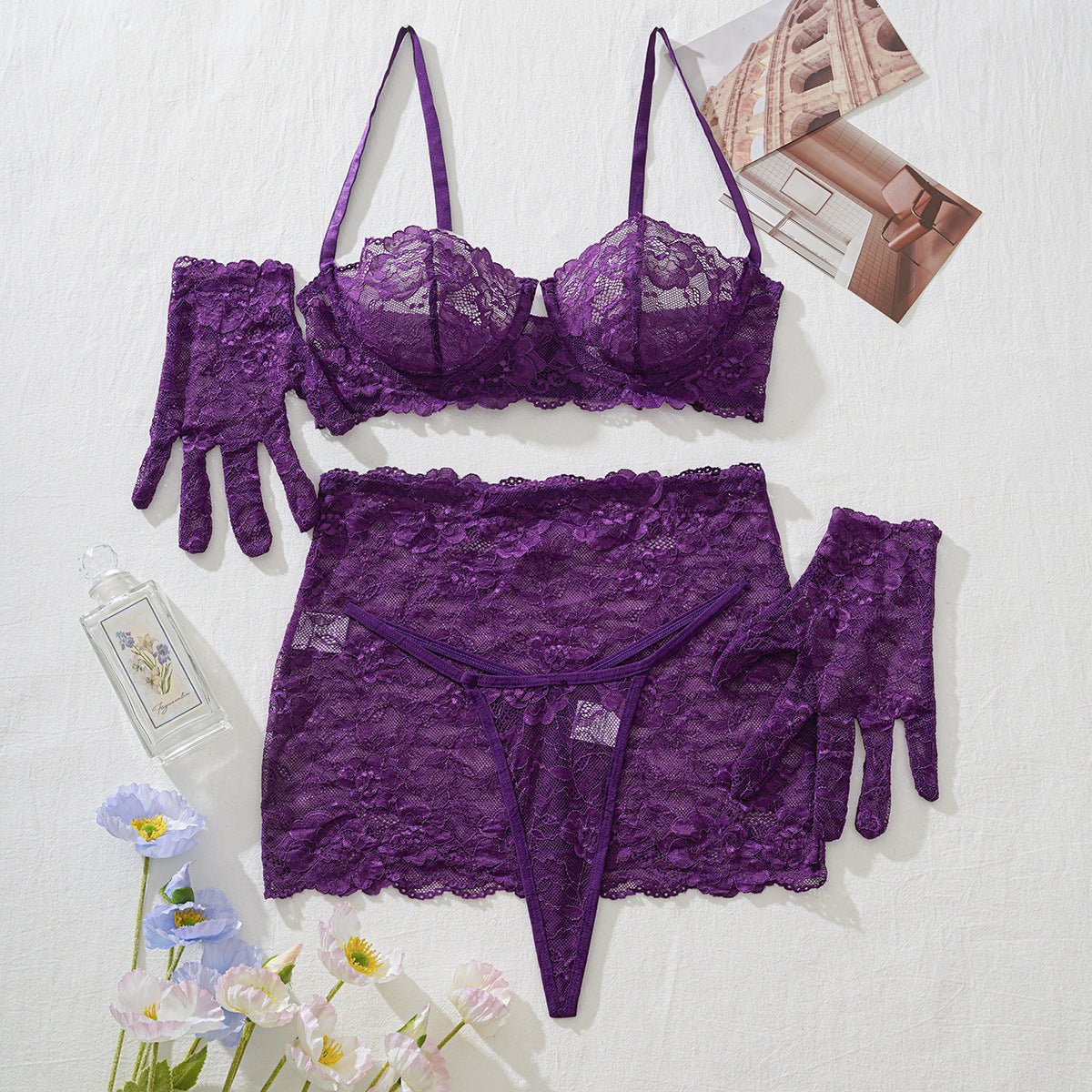 Purple Lace Corset Set with Gloves Sexy Two Piece Lingerie - BamBam