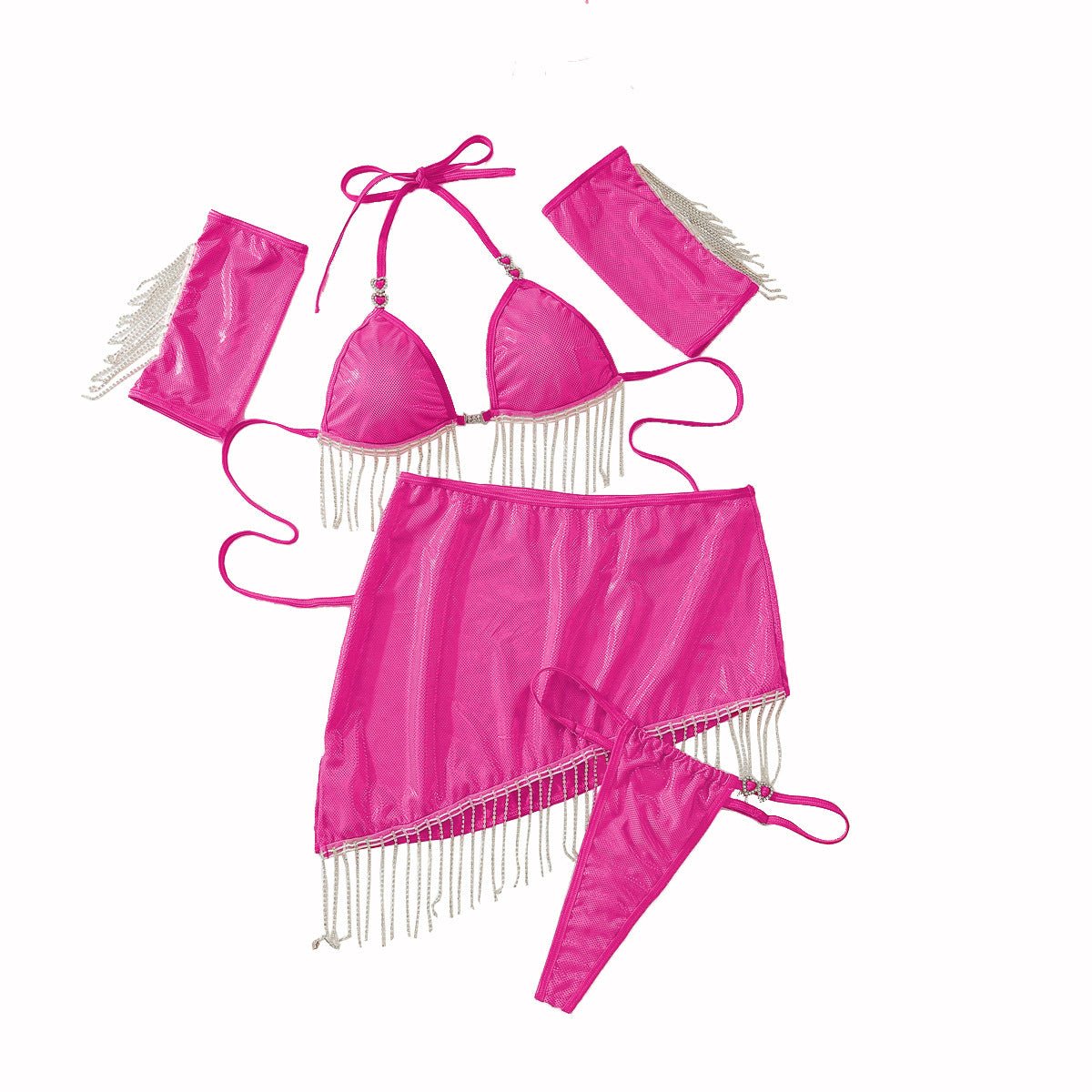 See Through Halter Neck Open Waist Chain Bodycon Skirt Set - BamBam