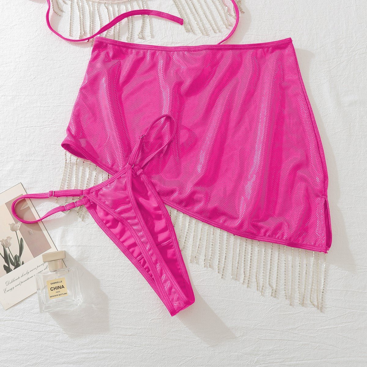 See Through Halter Neck Open Waist Chain Bodycon Skirt Set - BamBam