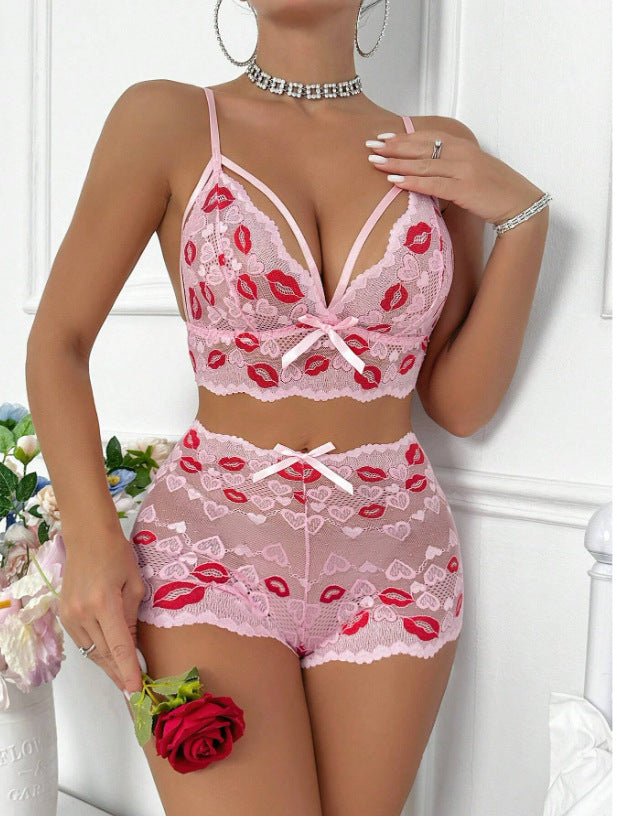 Sexy Lingerie Red Lips Lace Bra Mesh See - Through Fantasy Shorts Set - BamBam