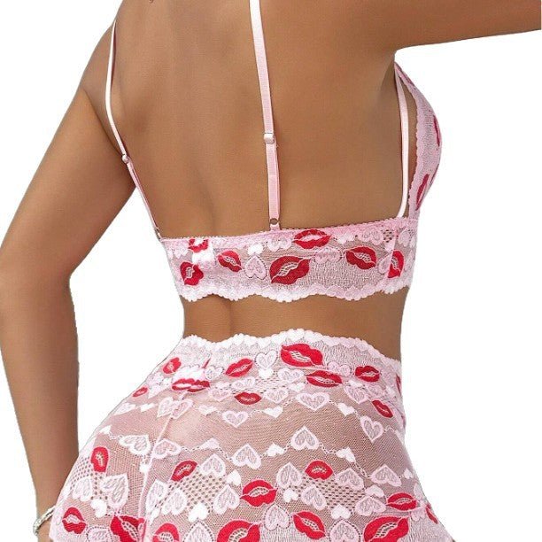 Sexy Lingerie Red Lips Lace Bra Mesh See - Through Fantasy Shorts Set - BamBam