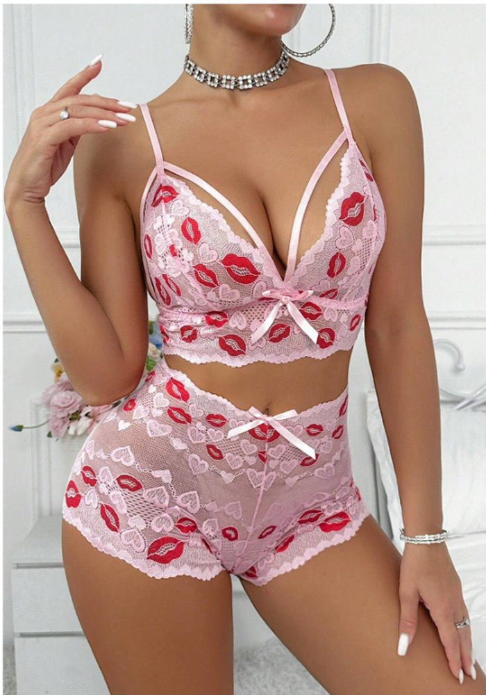 Sexy Lingerie Red Lips Lace Bra Mesh See - Through Fantasy Shorts Set - BamBam