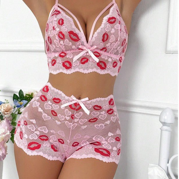 Sexy Lingerie Red Lips Lace Bra Mesh See - Through Fantasy Shorts Set - BamBam