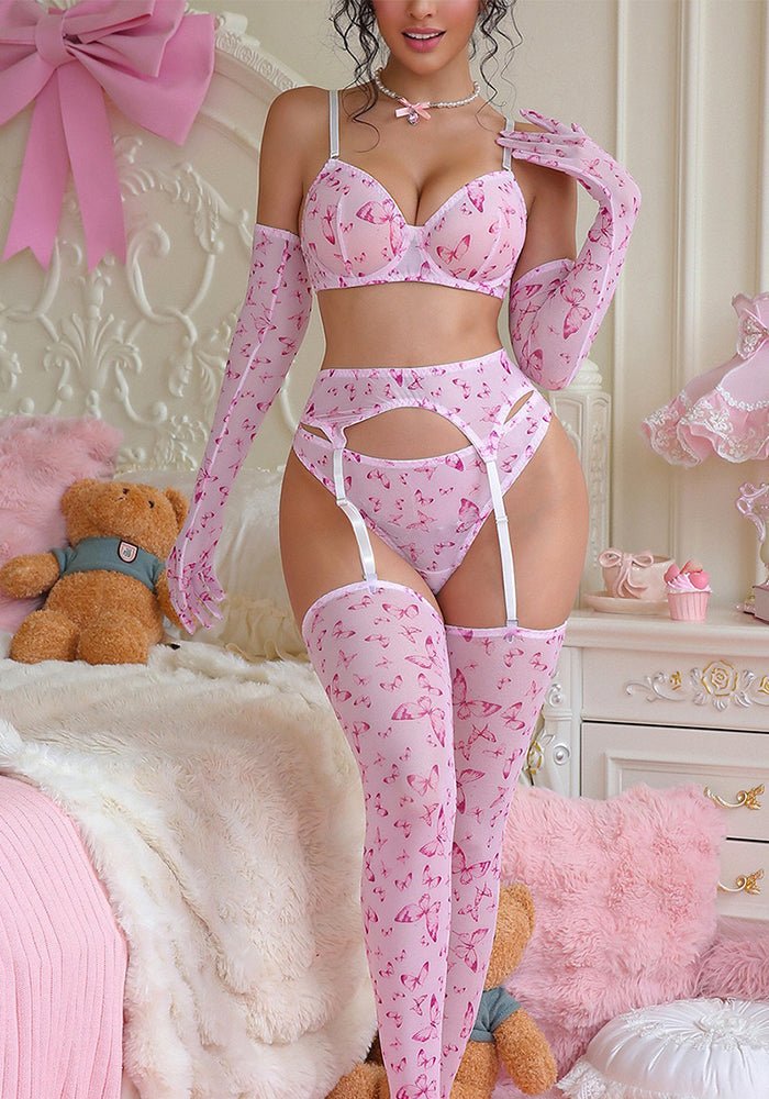 Sheer Erotic Pink Bikini Lingerie Set with Gloves & Stockings - BamBam