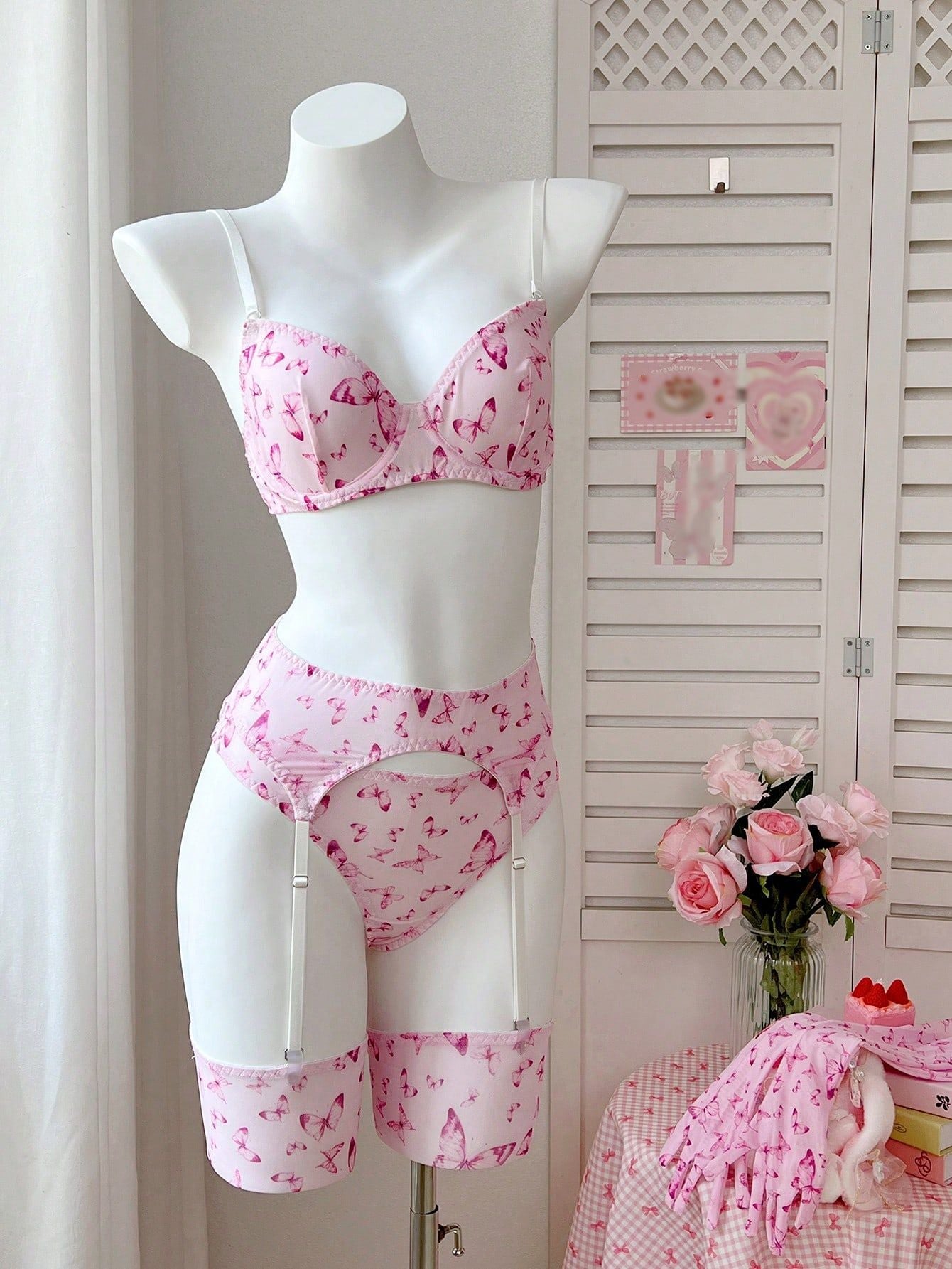 Sheer Erotic Pink Bikini Lingerie Set with Gloves & Stockings - BamBam