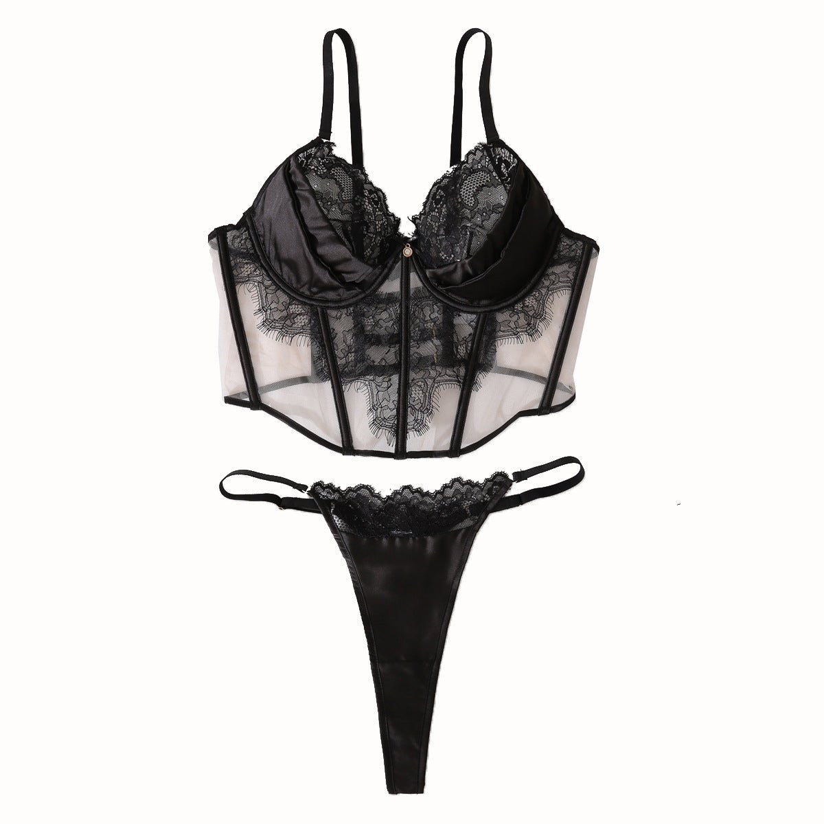 Sheer Lace Eyelash Lace Waist Lingerie Set - BamBam
