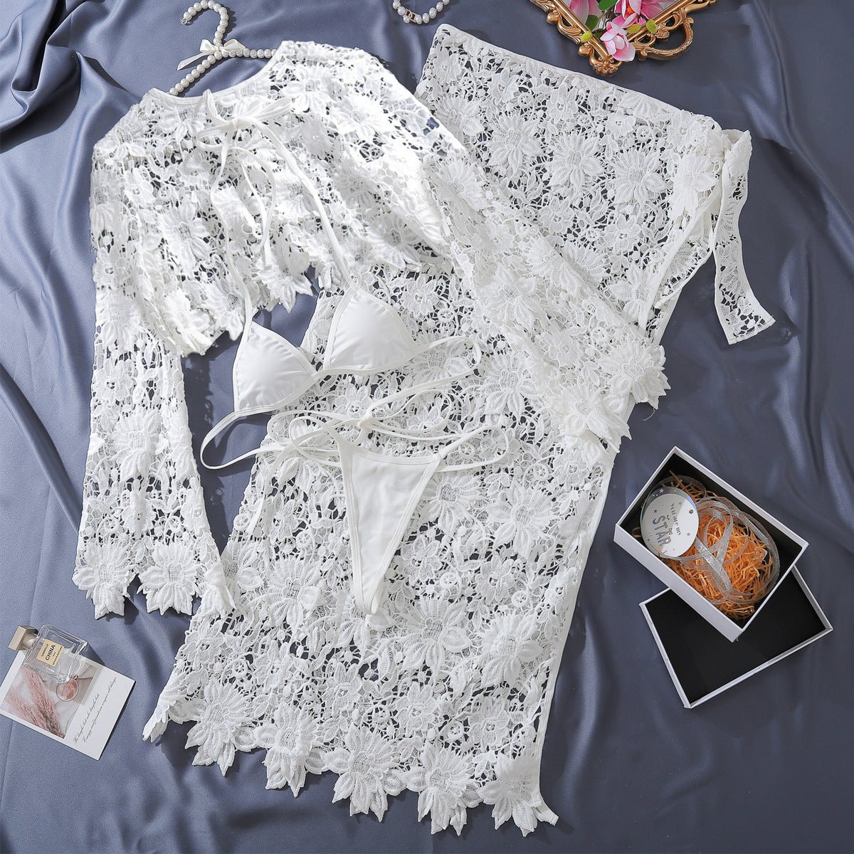 Sheer Lace Slit Skirt Set Sexy Holiday 4 Piece Set - BamBam