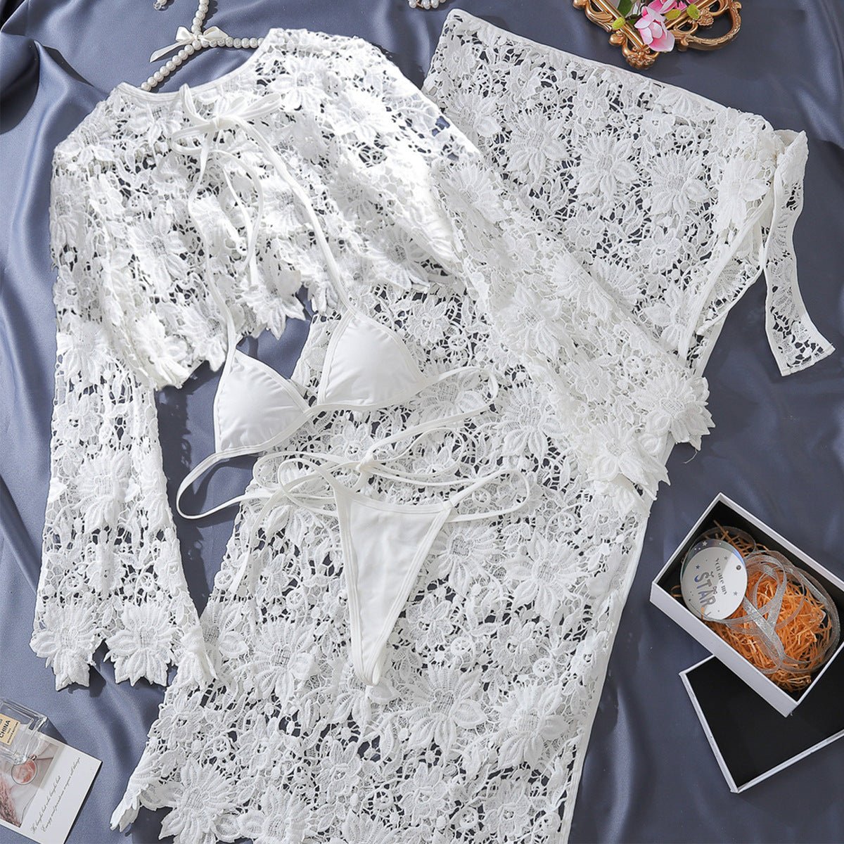 Sheer Lace Slit Skirt Set Sexy Holiday 4 Piece Set - BamBam