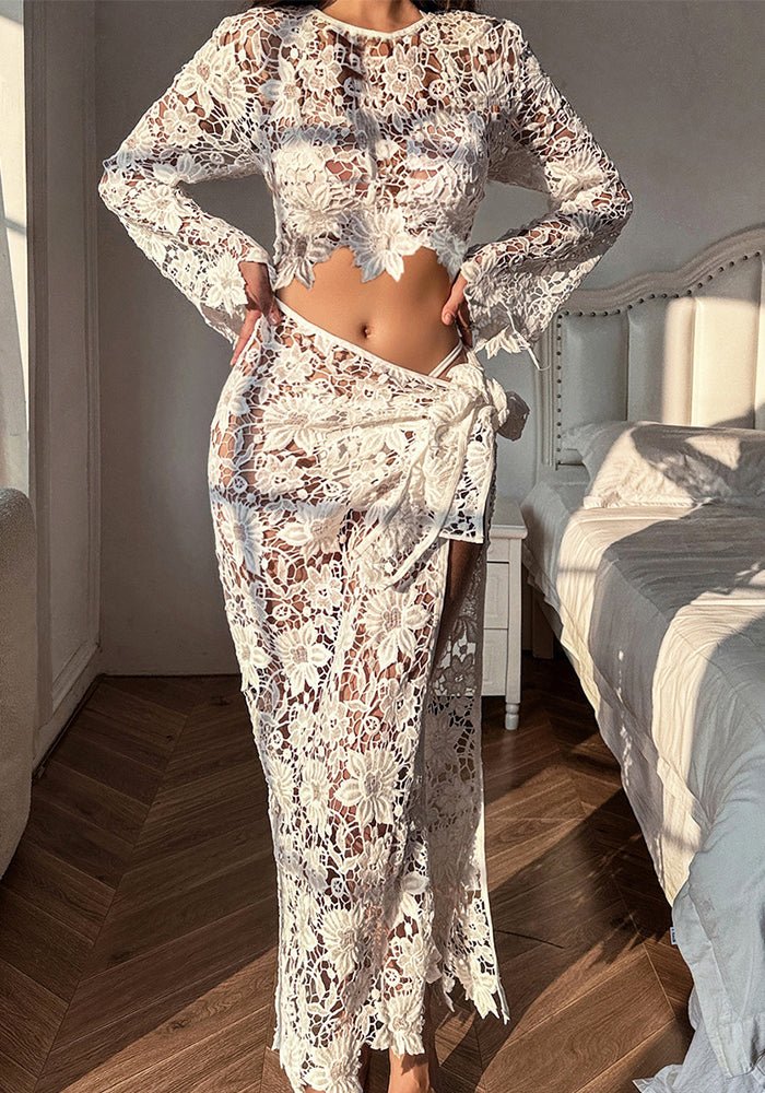 Sheer Lace Slit Skirt Set Sexy Holiday 4 Piece Set - BamBam