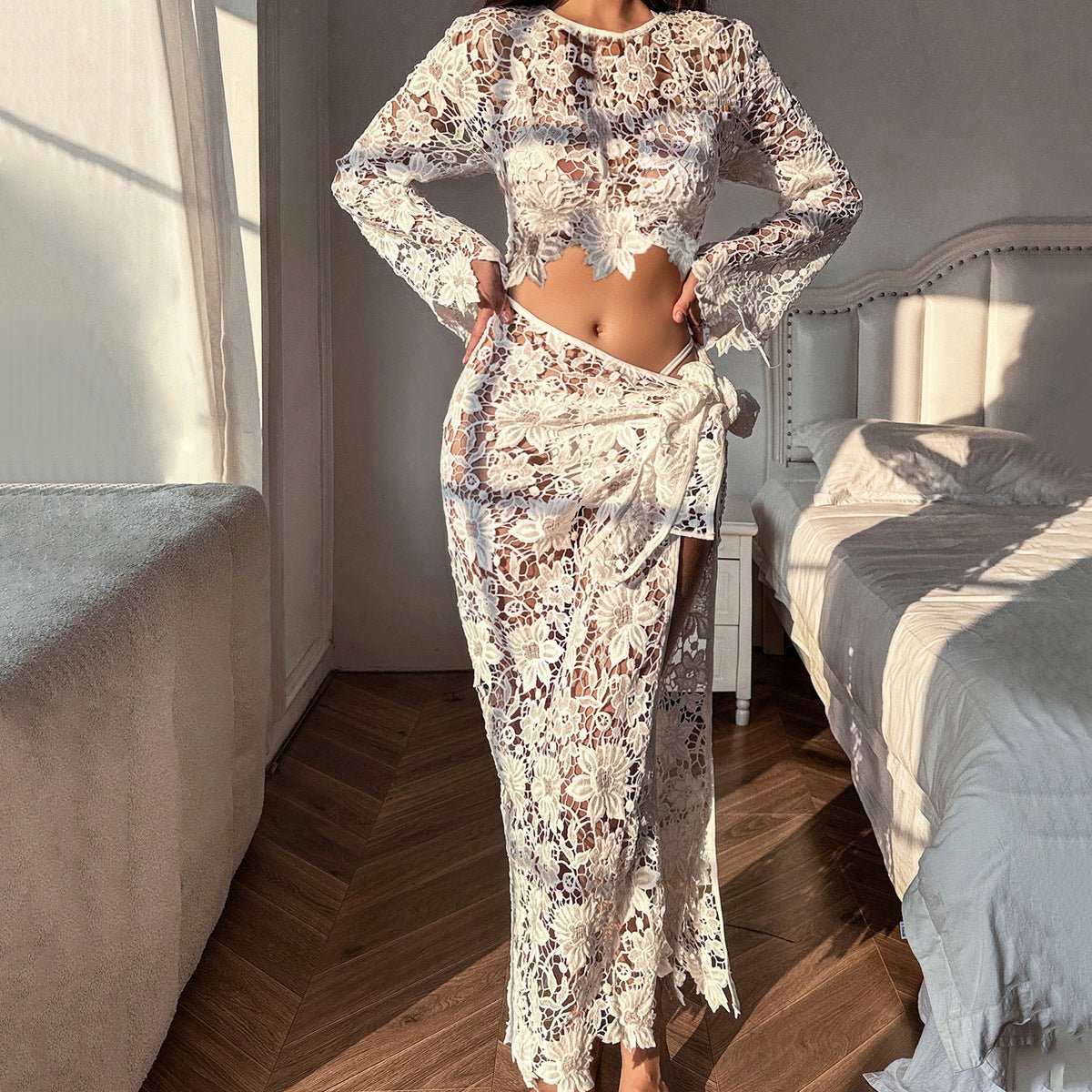 Sheer Lace Slit Skirt Set Sexy Holiday 4 Piece Set - BamBam