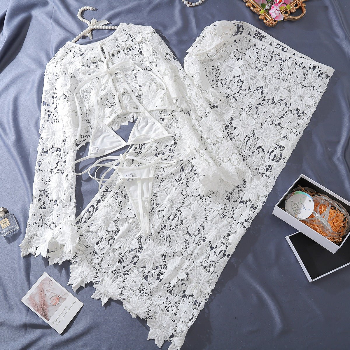 Sheer Lace Slit Skirt Set Sexy Holiday 4 Piece Set - BamBam