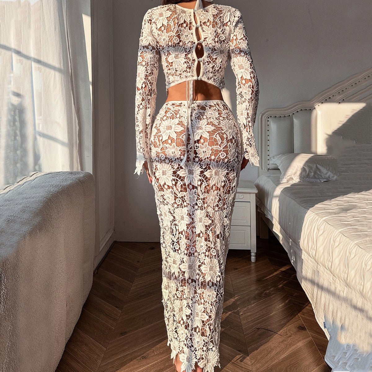 Sheer Lace Slit Skirt Set Sexy Holiday 4 Piece Set - BamBam