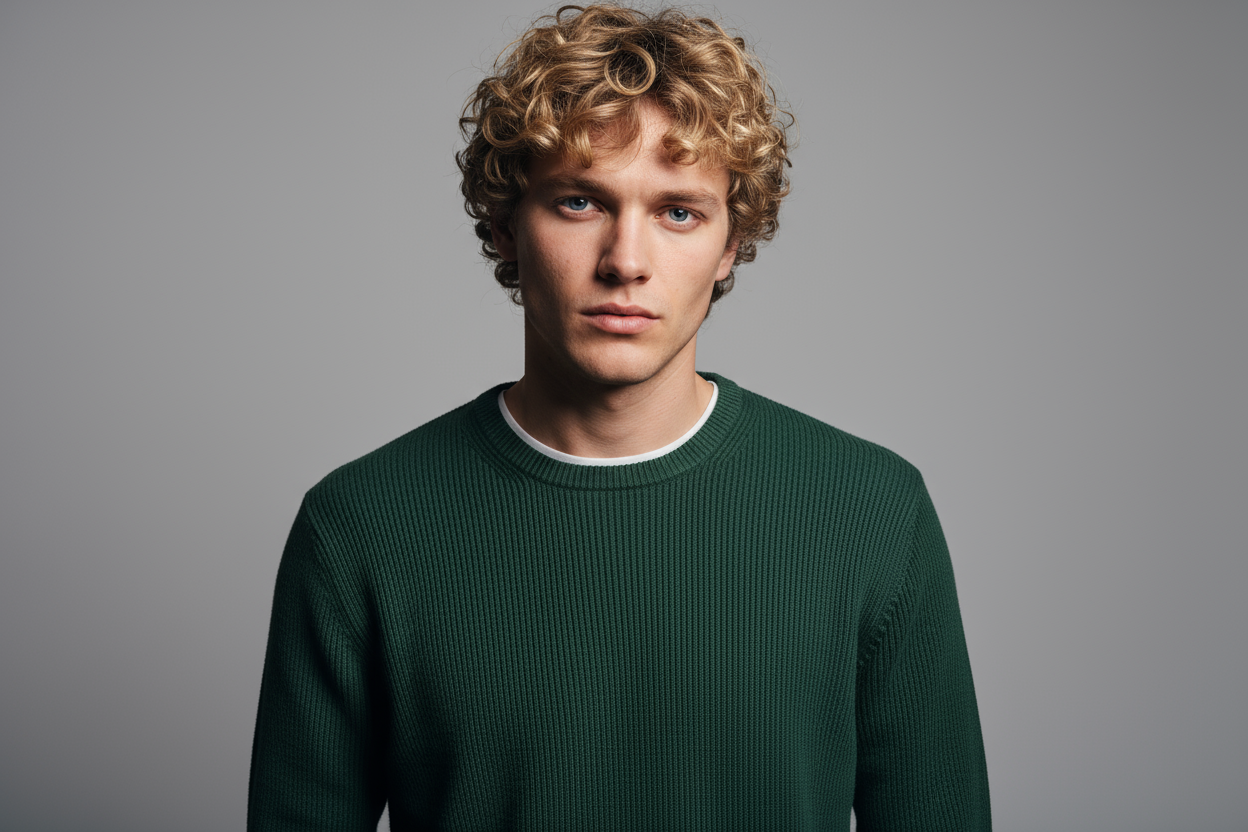 show me a male model with blonde hair and green colored sweater shirt with blue eyes. looking at the camera while taking a photo shoot. nice curly hair and striking pose up to waist level