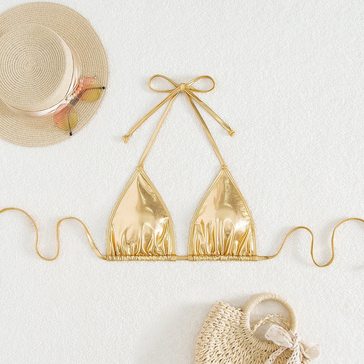 Solid Shiny Triangle Tie - Front Sexy Swimsuit Bikini Top - BamBam