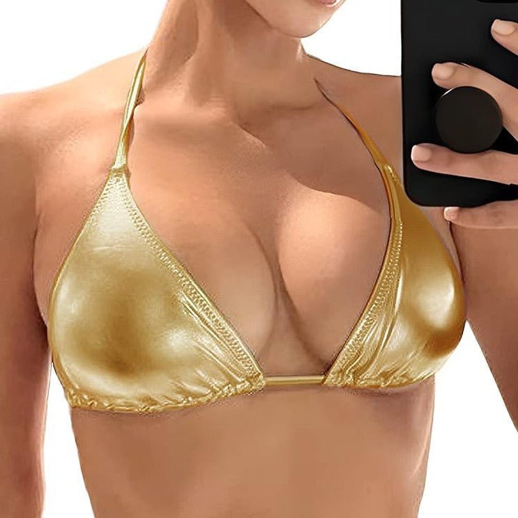 Solid Shiny Triangle Tie - Front Sexy Swimsuit Bikini Top - BamBam