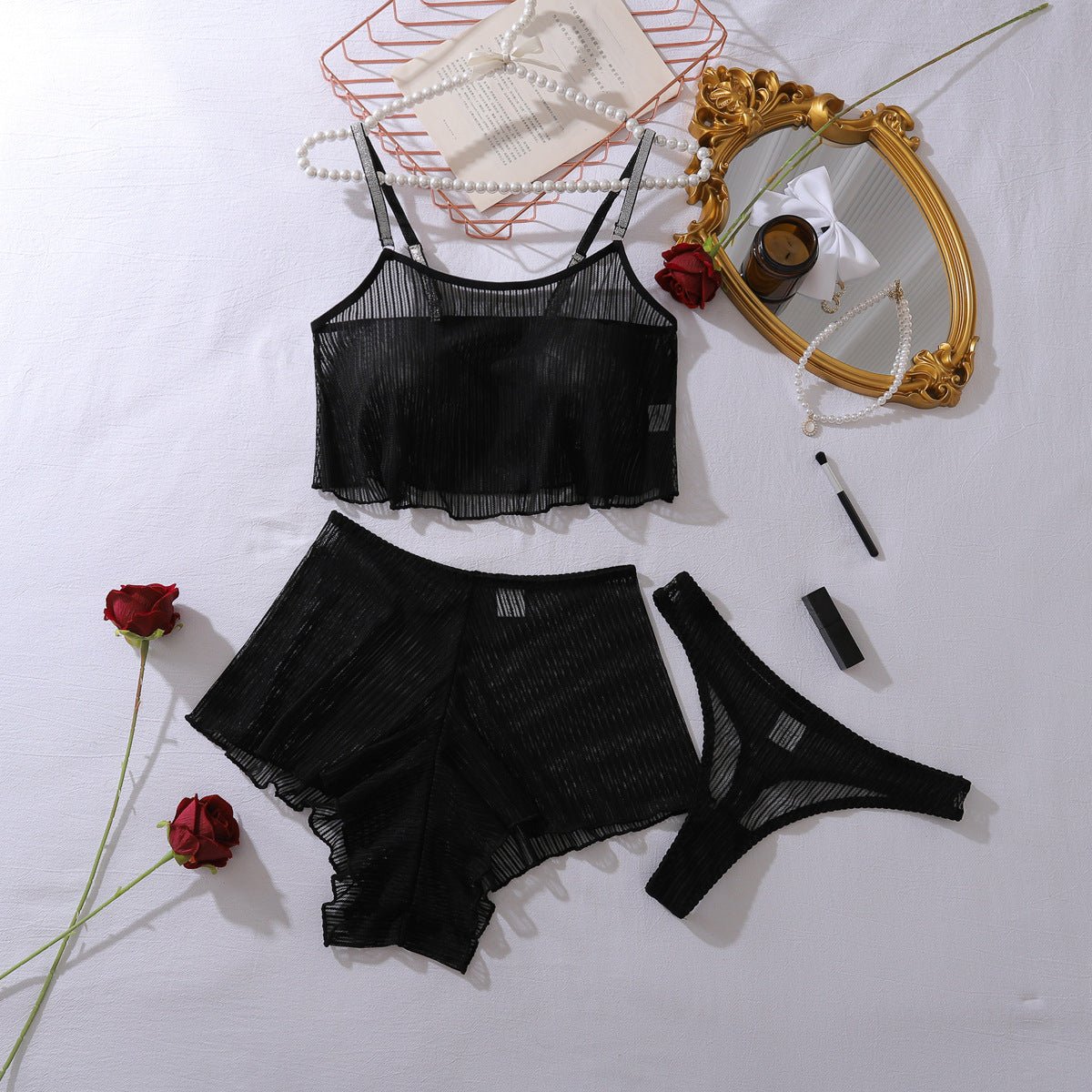 Women black mesh see - through lingerie with laces - BamBam