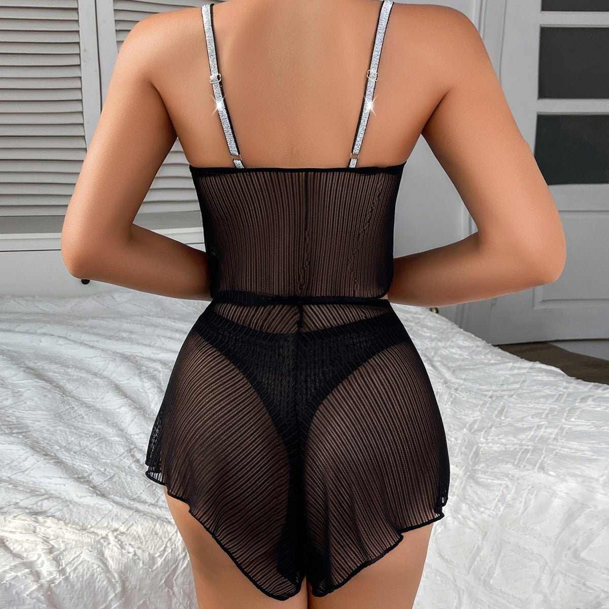 Women black mesh see - through lingerie with laces - BamBam
