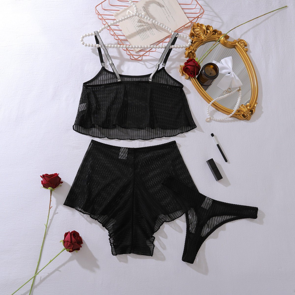 Women black mesh see - through lingerie with laces - BamBam