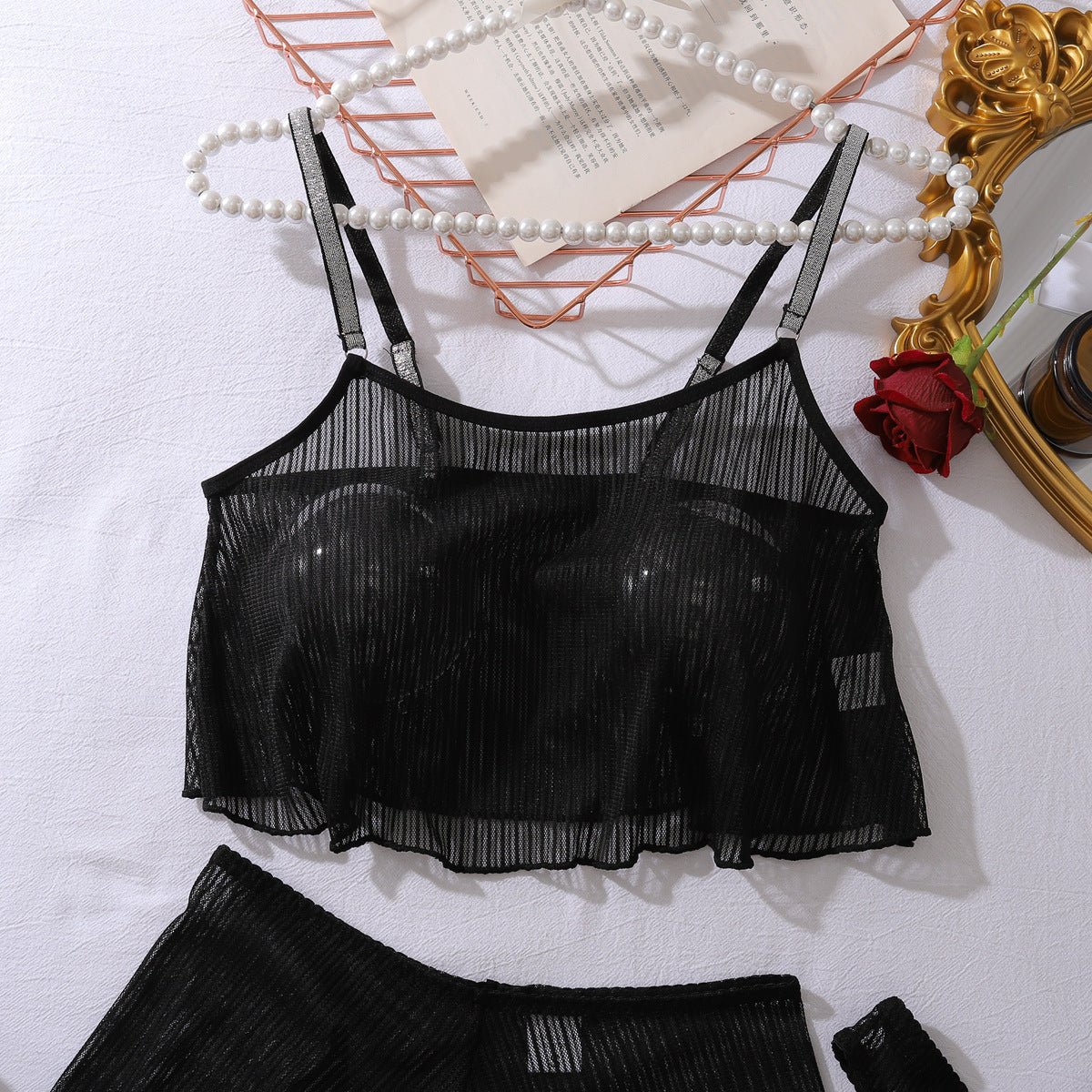 Women black mesh see - through lingerie with laces - BamBam