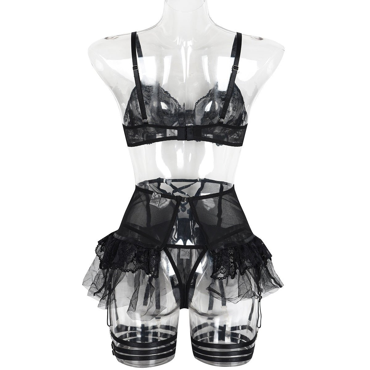 Women Black Sexy Mesh Puff Skirt Lingerie Set - BamBam